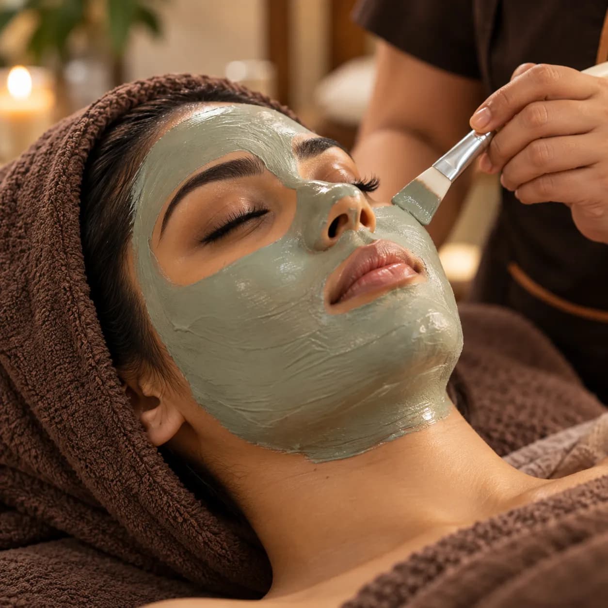 Face pack being applied with a brush