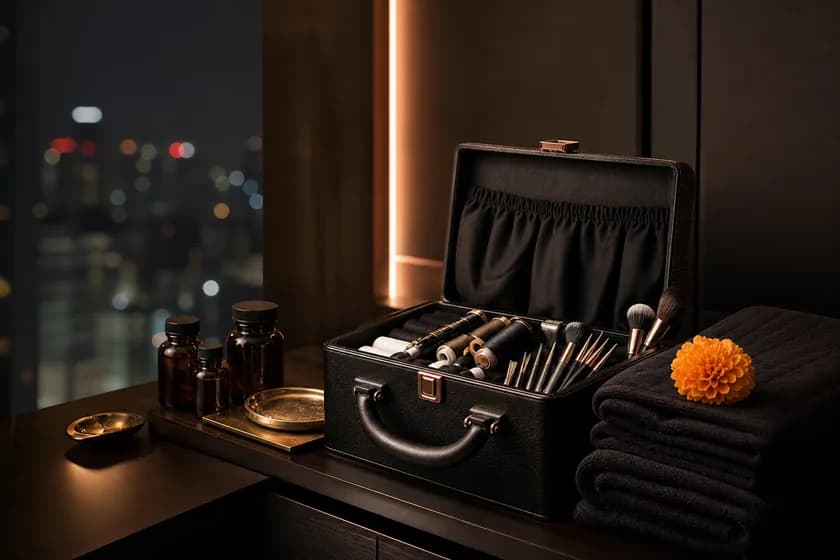 Editorial beauty kit for a home appointment