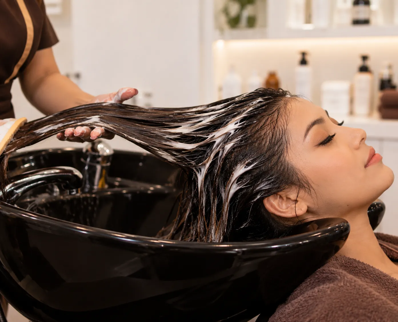 Hair treatment at a salon basin